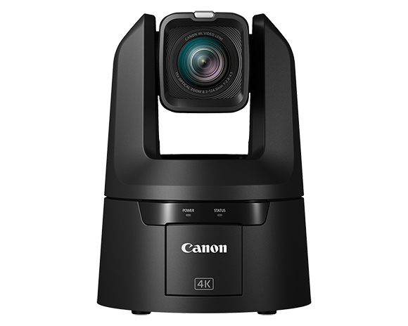 A black Canon 4K video camera with a large lens mounted on a heavy black base.