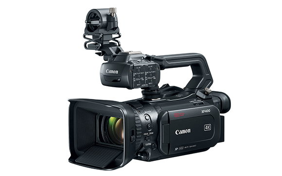 A black Canon XF400 professional video camera with a large lens and top handle against a white background.