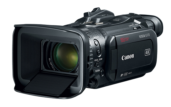 A black Canon VIXIA GX10 professional camcorder with a large lens hood and 4K capability.