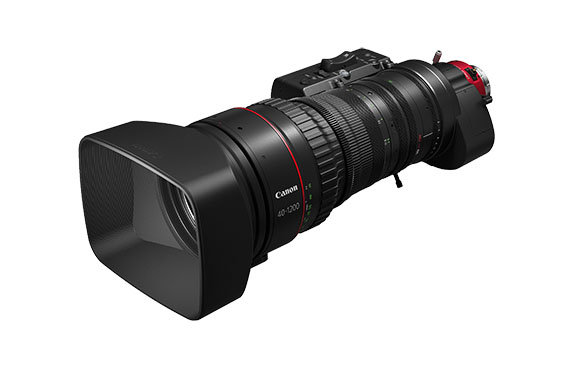 A black Canon 40-1200mm telephoto lens mounted on a camera body against a white background.