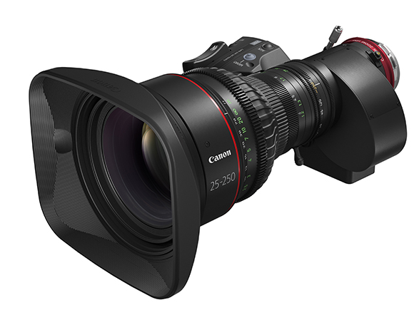 A large black Canon 25-250mm professional broadcast camera lens with a wide rectangular hood.