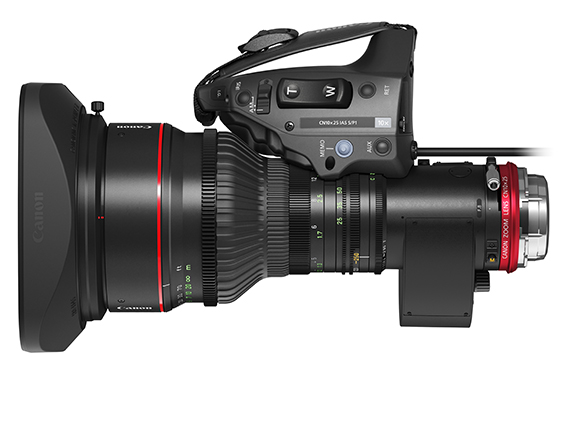 A large black Canon CN80x25 IAS zoom lens with a matte hood and a top-mounted control handle.