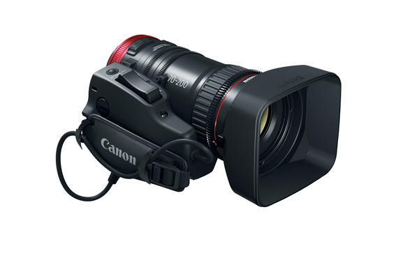 A black Canon DSLR camera equipped with a large 70-200mm telephoto lens and a square lens hood.