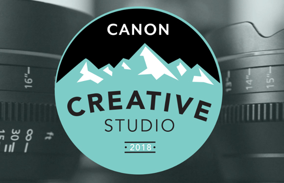 A circular teal and black logo for Canon Creative Studio 2018 featuring mountain silhouettes over camera lenses.