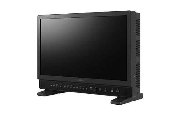 A black Canon professional monitor with a large screen and control buttons on the bottom bezel.