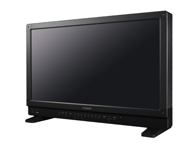 A black Canon widescreen monitor with a thick bezel and control buttons along the bottom edge.