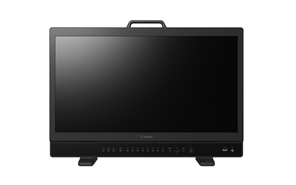 A black Canon monitor with a top handle and control buttons along the bottom edge.
