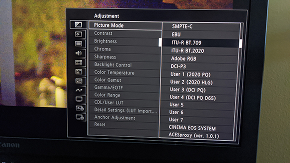 A digital menu on a screen showing various picture mode and adjustment settings.
