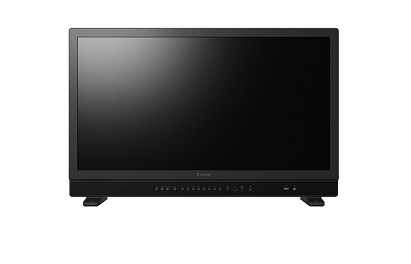 A black Canon computer monitor with a wide screen and several buttons on the bottom bezel.