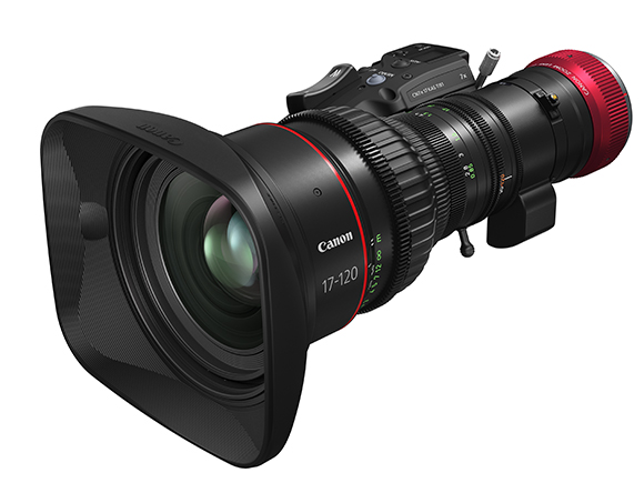 A black Canon 17-120mm professional zoom lens with a large rectangular hood against a white background.