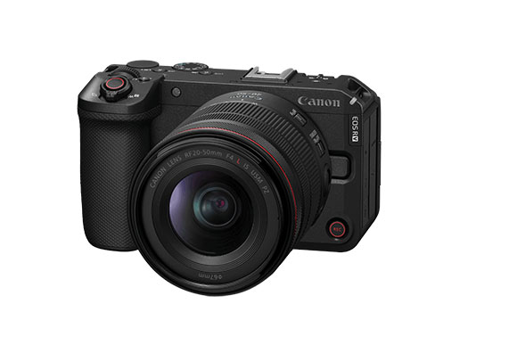 A black Canon EOS R mirrorless camera with an RF 20-50mm lens against a white background.