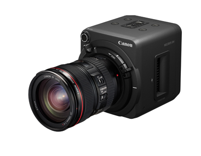 A black Canon ME200SH lens unit with a large attached lens against a white background.