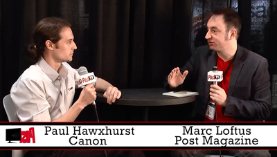 Paul Hawxhurst of Canon interviews Marc Loftus of Post Magazine at a small table.