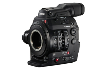 A professional black Canon EOS C400 digital cinema camera shown from a side angle.