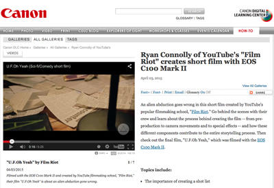 Webpage for Canon Digital Learning Center showing an article about a short film created with an EOS C100 Mark II.