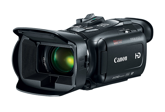 Black Canon VIXIA HF G21 professional camcorder with a large lens hood and optical zoom lens.