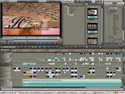 A digital video editing software interface with a preview window, media bin, and multi-track timeline.
