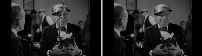 Two black and white frames showing a man in a suit and hat sitting at a table.
