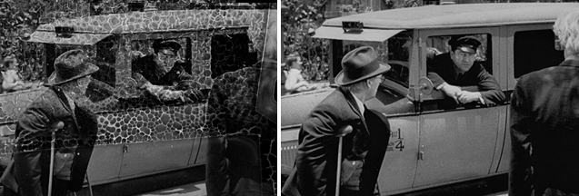 Side-by-side comparison of a man in a car, one shot through cracked glass and one through clear glass.