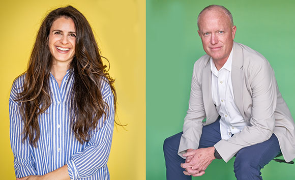 A woman with long dark hair in a blue striped shirt and a man in a light blazer against yellow and green backgrounds.