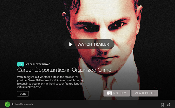 Promotional graphic for a VR film featuring a close-up of a man's face and a 'Watch Trailer' button.