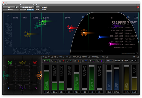 User interface of a digital audio delay plugin with sliders, knobs, and a visual timeline.