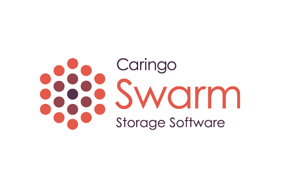 Logo for Caringo Swarm Storage Software featuring a cluster of red and purple dots next to the brand name.