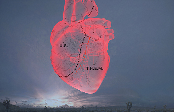 A large, glowing red anatomical heart floats over a desert landscape, labeled 'U.S.' and 'T.H.E.M.'