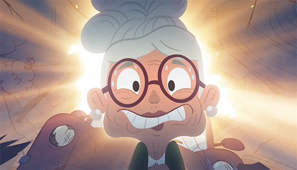 Animated elderly woman with grey hair and round glasses smiling against a bright, glowing background.