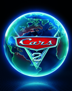 A glowing blue globe with the red and silver Cars 2 logo centered in front.