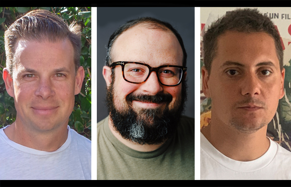 Three headshots of men: one smiling without glasses, one with a beard and glasses, and one with a neutral expression.
