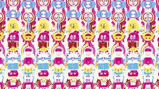 A repeating pattern of bright pink, yellow, and blue stylized cartoon character illustrations.