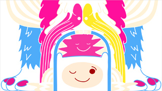 Abstract colorful illustration with pink, yellow, and blue shapes and a smiling face in a blue frame.