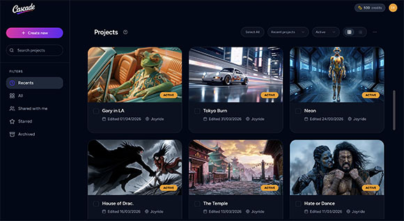 A dark mode software dashboard showing a grid of six diverse creative project thumbnails with status labels.