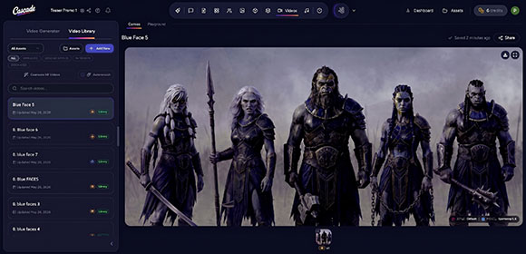 Software interface showing a row of five fantasy warrior characters in dark armor against a purple background.