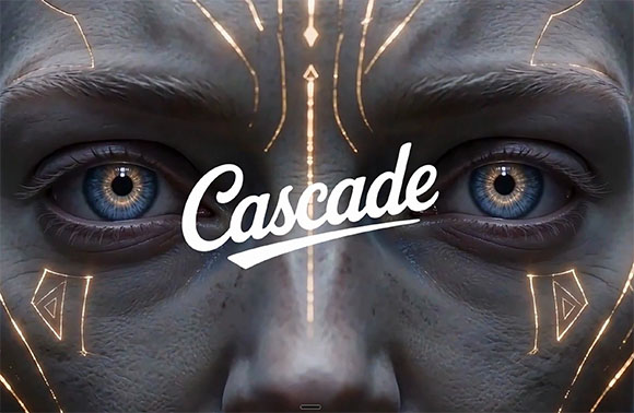 Close-up of a face with glowing golden geometric patterns and blue eyes, with the word Cascade in white script.