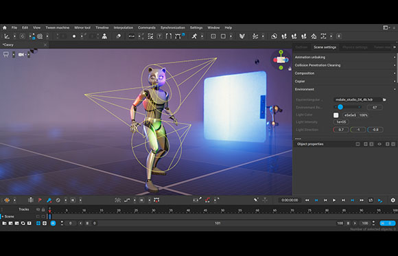 3D animation software interface displaying a rigged humanoid character model in a digital workspace.
