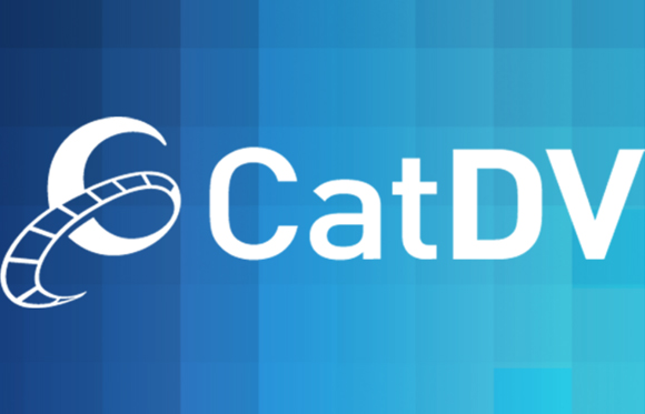 White CatDV logo featuring a stylized crescent and orbital ring on a blue checkered background.