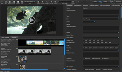 A digital interface of a professional video editing software showing a video preview and metadata panels.