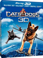 A dog in goggles and a cat in goggles fly through a blue sky over a city.