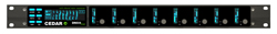 Black rack-mounted audio processor with blue backlit buttons and a digital display screen.