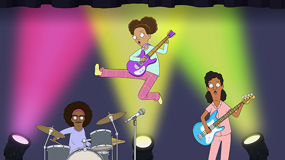 Three animated characters perform music on a stage with colorful spotlights.