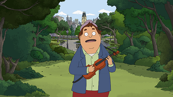 An animated man in a blue jacket and cap plays a violin in a lush green park with a city skyline in the distance.