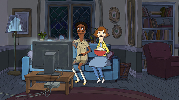 Two animated characters sit on a blue couch in a living room, watching a television screen.