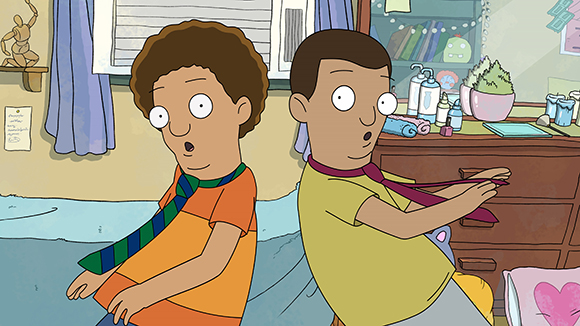 Two animated boys with wide eyes sit back-to-back in a bedroom with a dresser and window in the background.