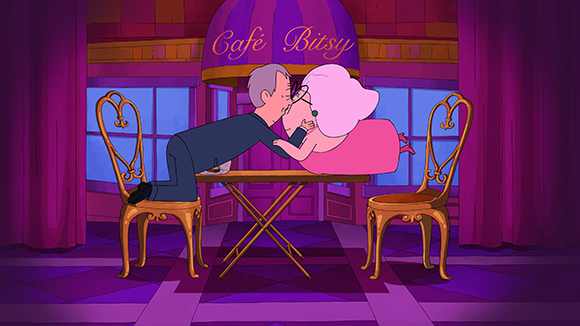 An elderly man and woman lean across a small table to kiss in front of a Café Bitsy sign.