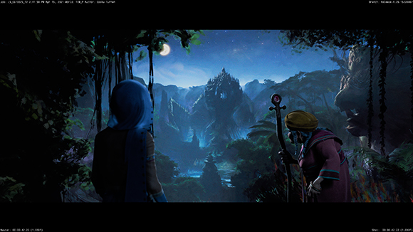 Two figures stand in a dark jungle looking toward a moonlit mountain fortress in the distance.