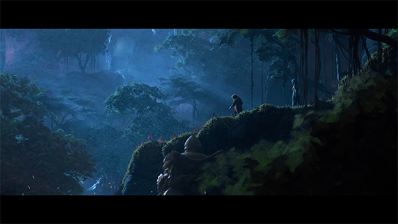 Two small figures walk along a ridge through a dense, blue-toned misty forest at night.