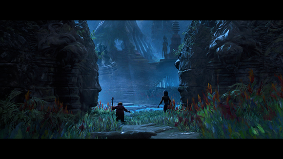 Two small figures walk toward a colossal, carved stone temple entrance in a dark, lush jungle.