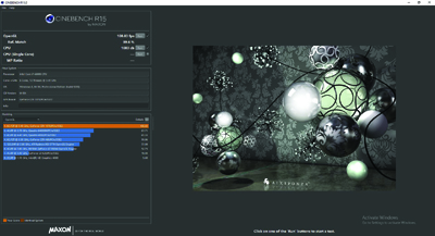 Cinebench R15 software interface showing CPU benchmark scores and a 3D render of metallic spheres.